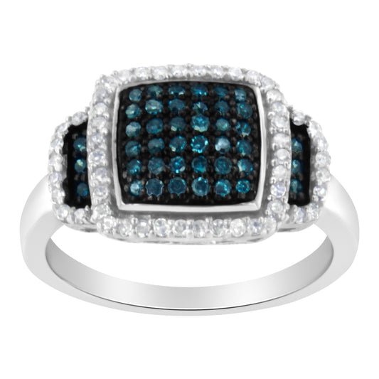 Black Rhodium Plated .925 Sterling Silver 1/2 Cttw White & Blue Diamond Square Halo Cocktail Ring (Fancy Blue & H-I Color, I2-I3 Clarity) - SIze 6 Bids.com