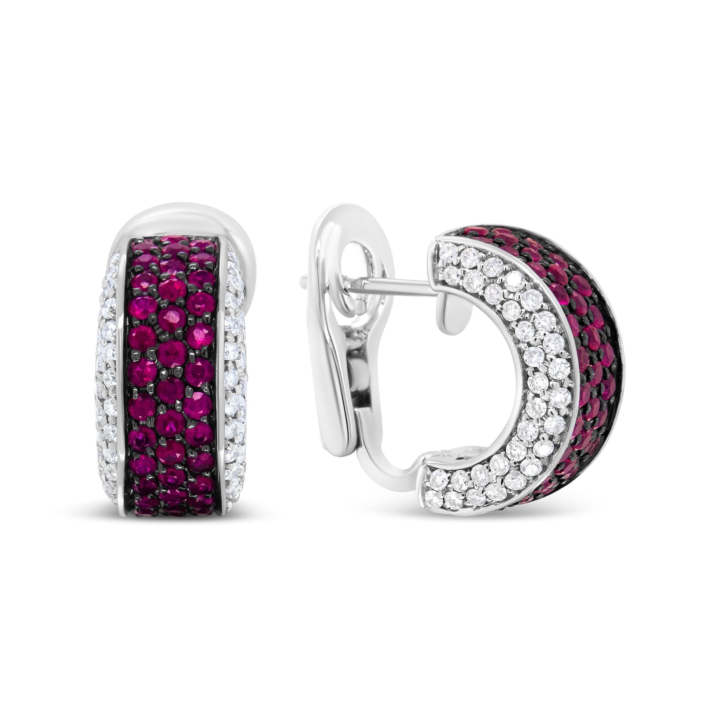 18K White Gold and Black Rhodium Plated 3/4 Cttw Round Diamonds and 1mm Round Red Ruby Huggie Hoop Earrings (F-G Color, VS1-VS2 Clarity) Bids.com