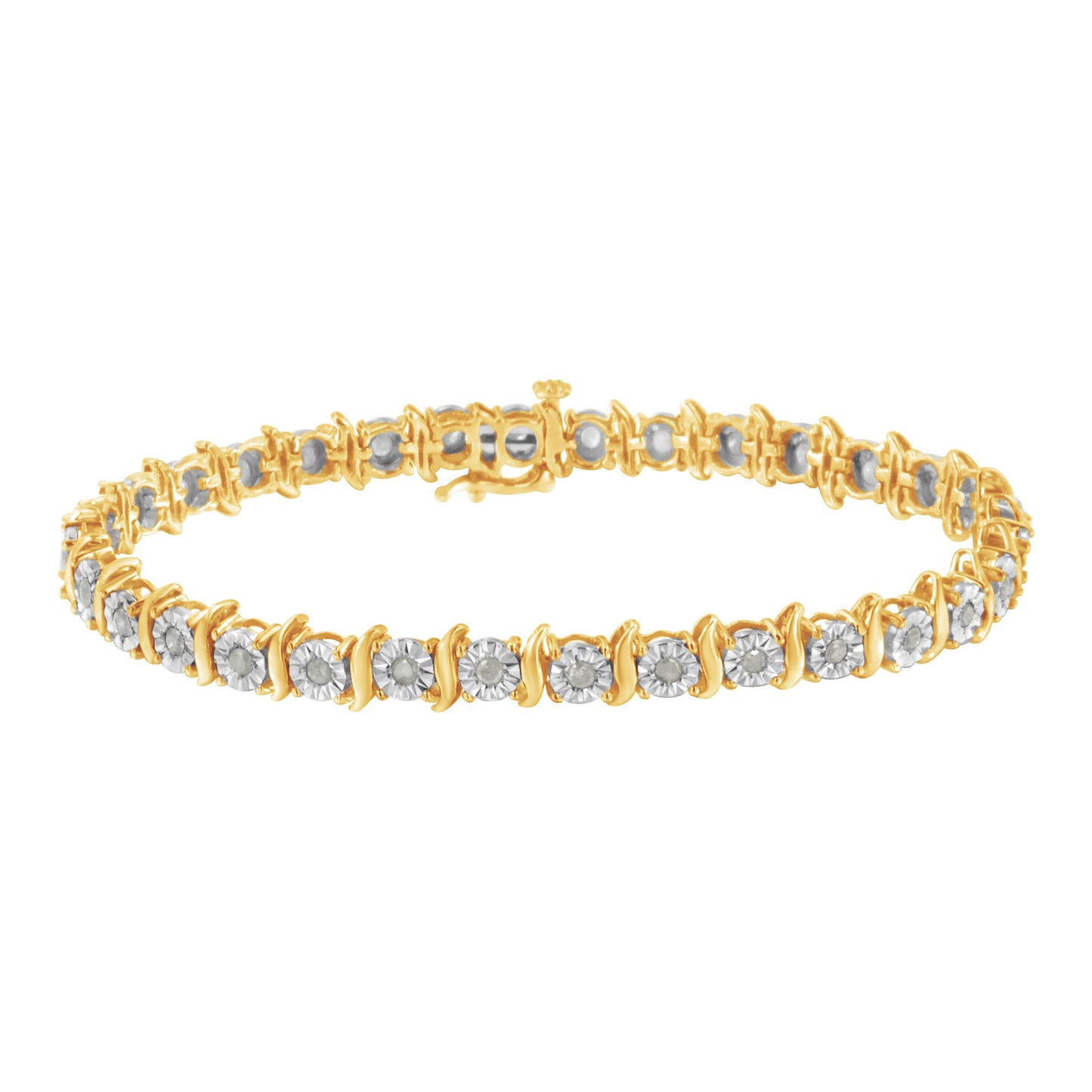 Two-Tone 10K Yellow Gold over .925 Sterling Silver 1.0 Cttw Diamond S-Curve Link Miracle-Set Tennis Bracelet (I-J Color, I3 Clarity) - 7" Bids.com