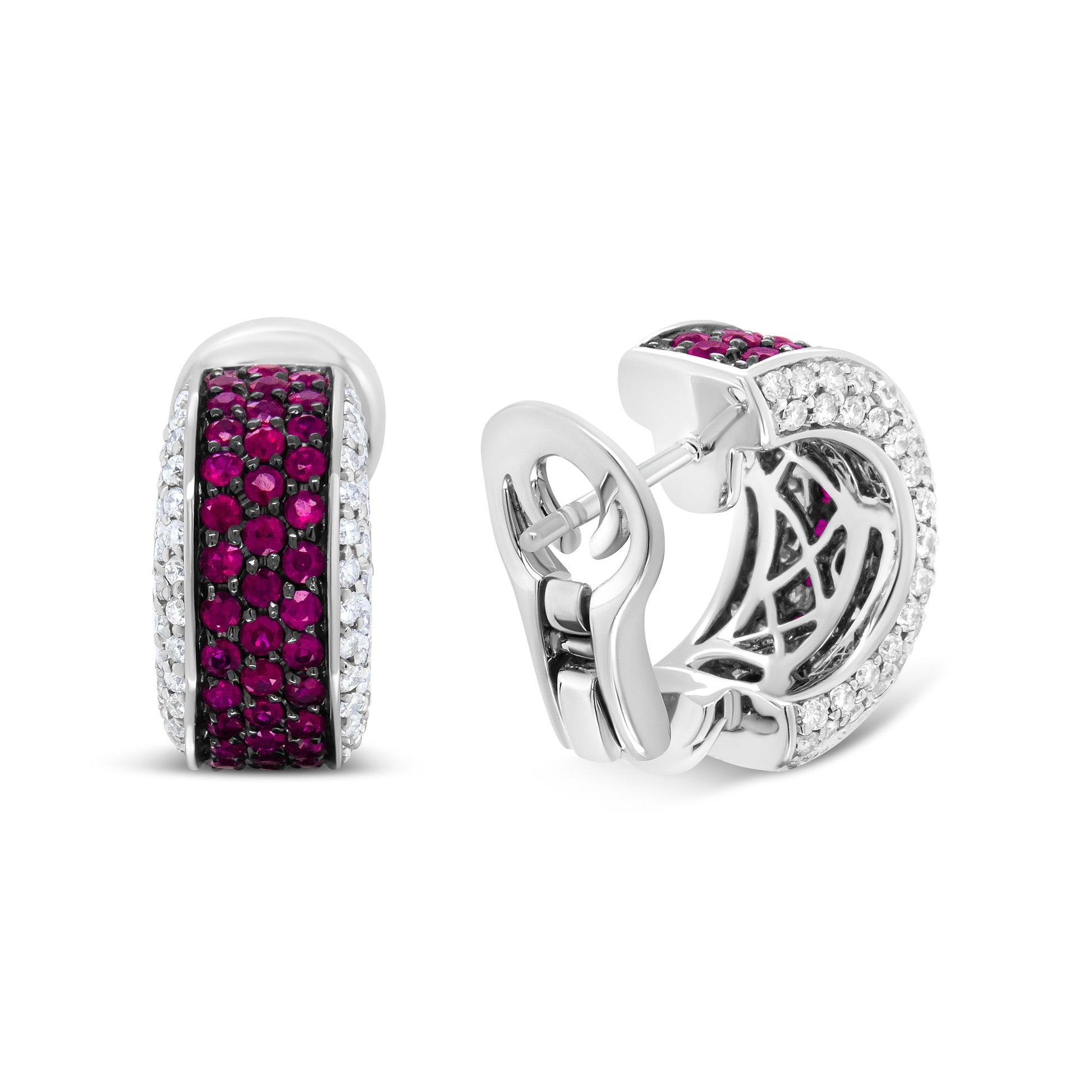 18K White Gold and Black Rhodium Plated 3/4 Cttw Round Diamonds and 1mm Round Red Ruby Huggie Hoop Earrings (F-G Color, VS1-VS2 Clarity) Bids.com