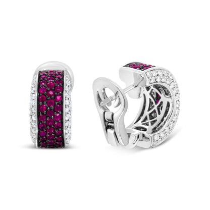 18K White Gold and Black Rhodium Plated 3/4 Cttw Round Diamonds and 1mm Round Red Ruby Huggie Hoop Earrings (F-G Color, VS1-VS2 Clarity) Bids.com