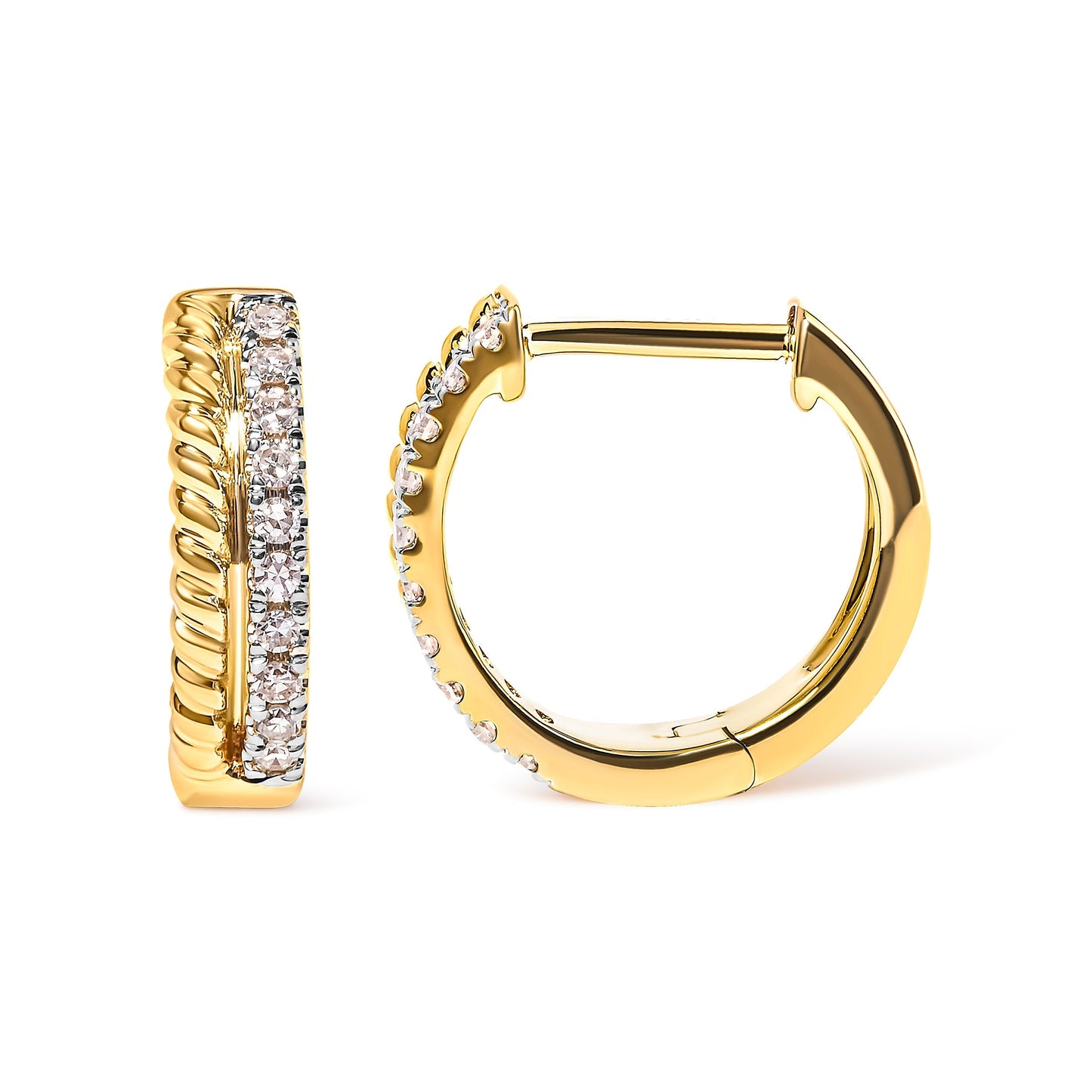 10K Yellow Gold 1/10 Cttw Diamond and Rope Twist Huggy Hoop Earrings (H-I Color, I1-I2 Clarity) Bids.com