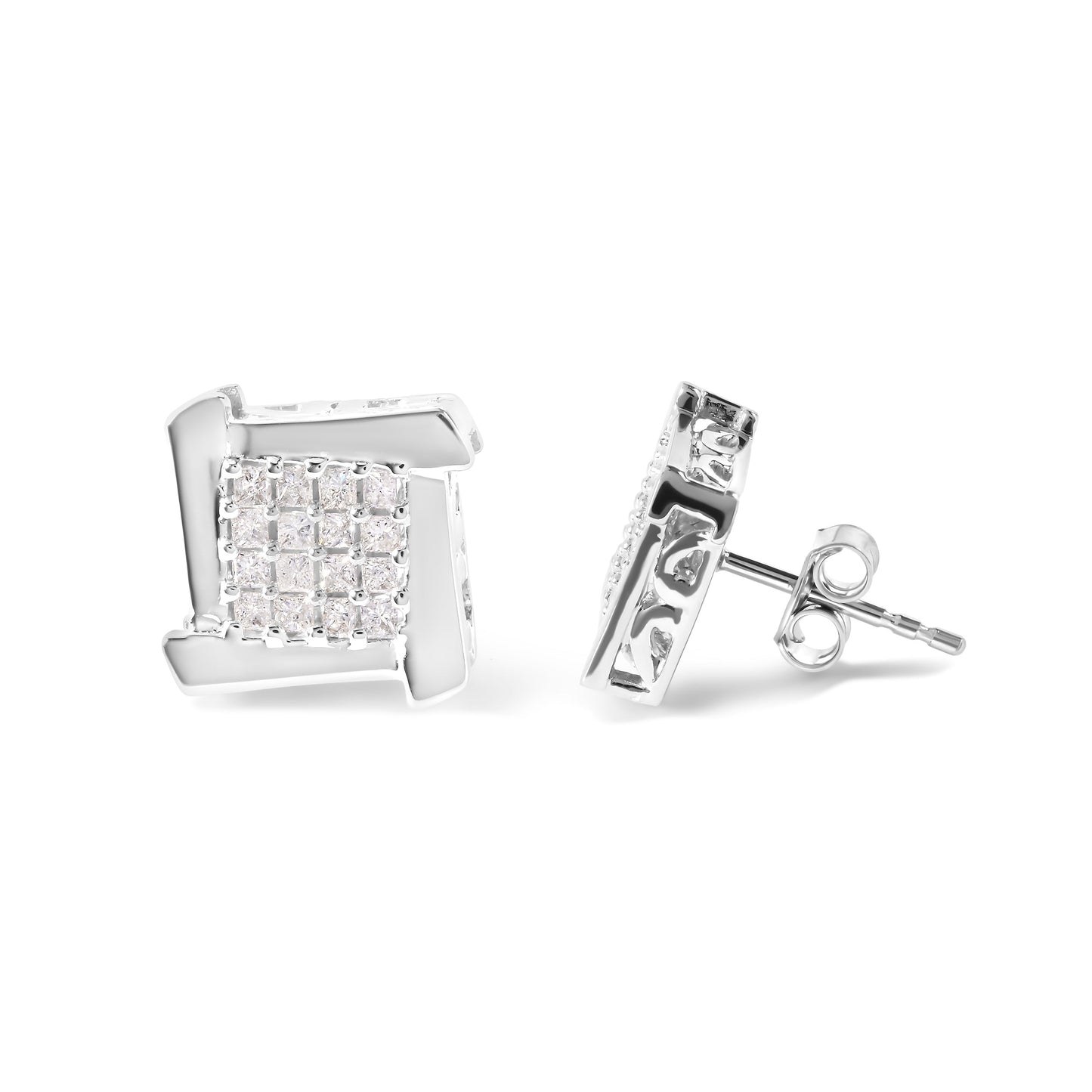 10K White Gold 1/2 Cttw Composite  Princess Diamond Square and Swirl Stud Earrings (I-J Color, I1-I2 Clarity) Bids.com