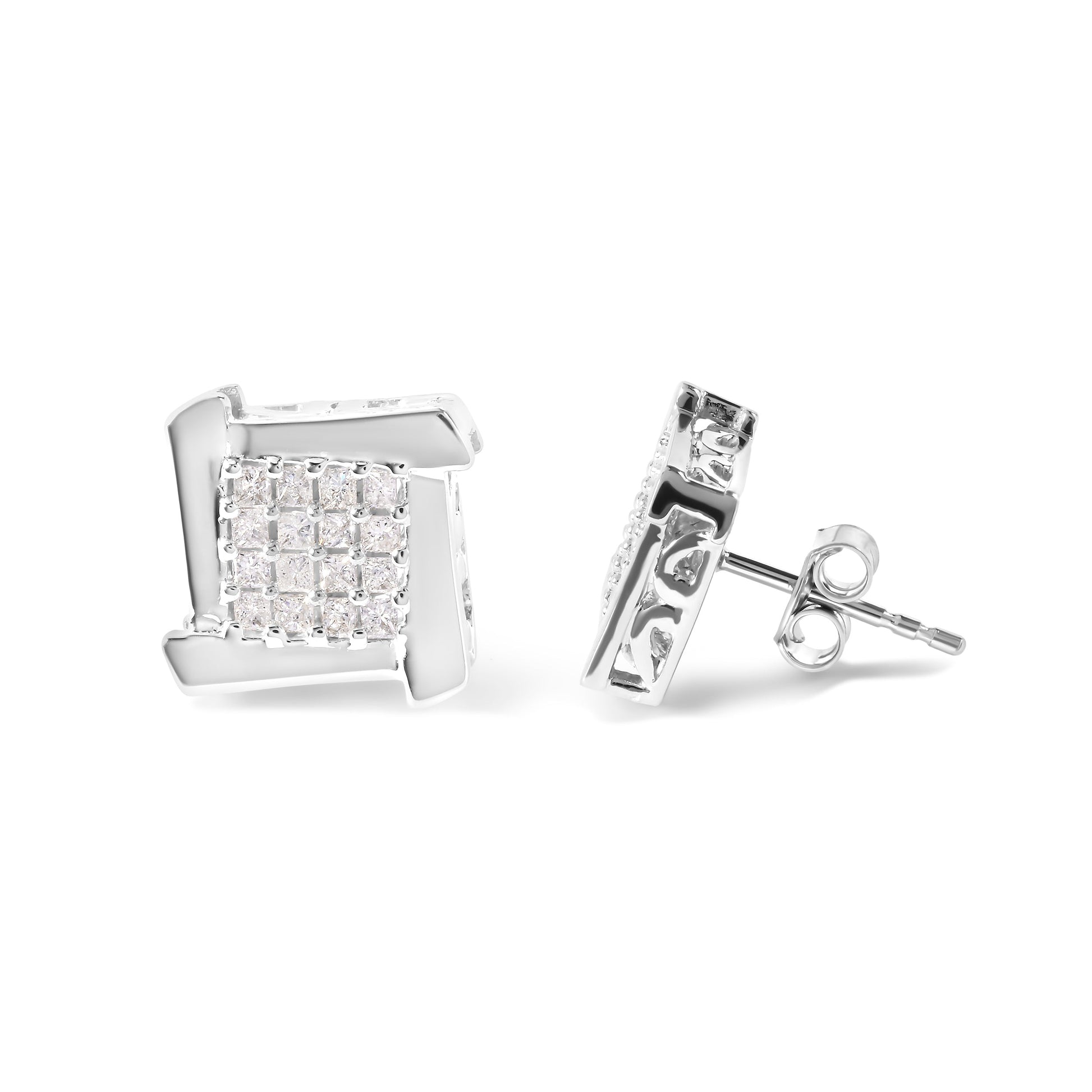 10K White Gold 1/2 Cttw Composite  Princess Diamond Square and Swirl Stud Earrings (I-J Color, I1-I2 Clarity) Bids.com