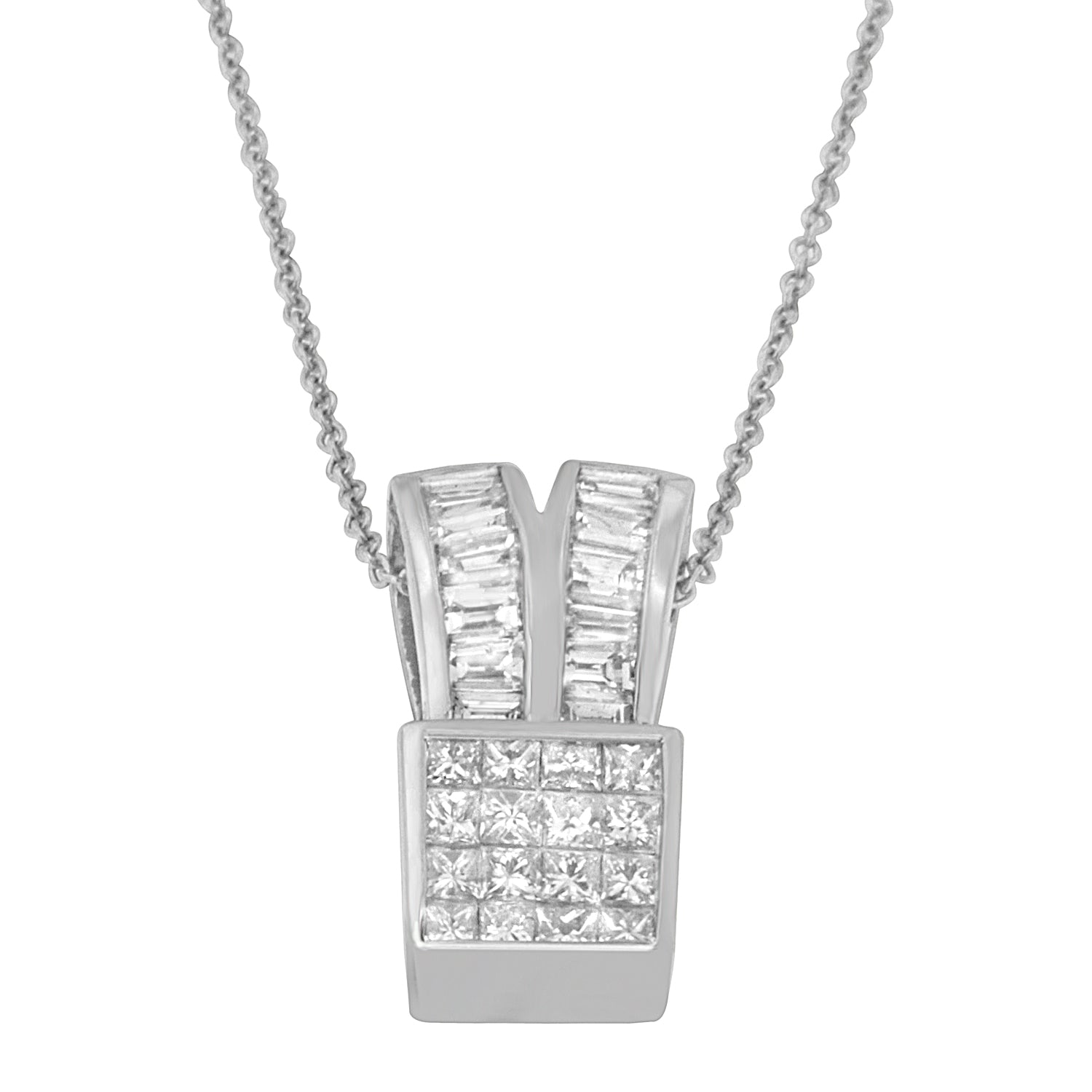 14K White Gold 1 5/8 cttw Princess and Baguette Cut Diamond Heart Ribbon Pendant Necklace (G-H, VS1-VS2) Bids.com