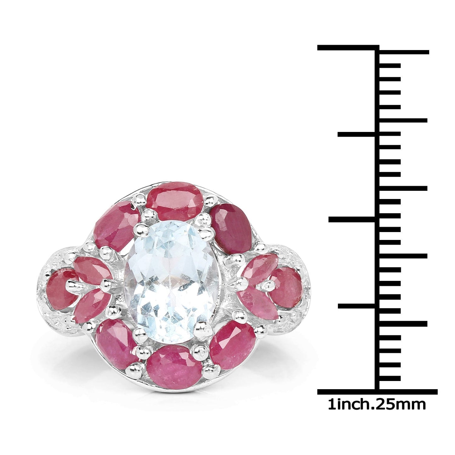 3.54 Carat Genuine Aquamarine, Ruby and White Topaz .925 Sterling Silver Ring Bids.com