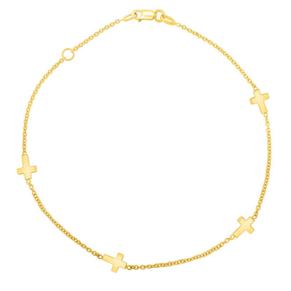 14k Yellow Gold Polished Station Cross Anklet (1.00 mm) Bids.com