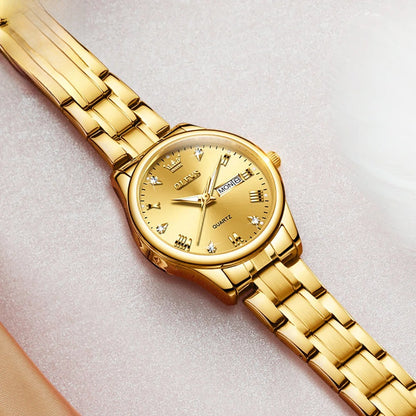 Women's Gold Stainless Steel Quartz Watch Dual Calendar BandsCo Straps