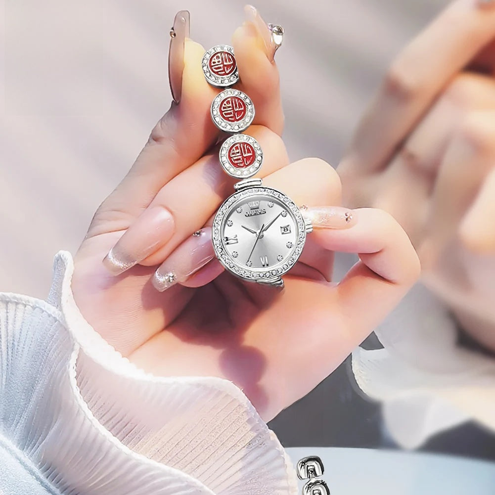 Women's Elegant Bracelet Quartz Watch Red Dial Waterproof BandsCo Straps