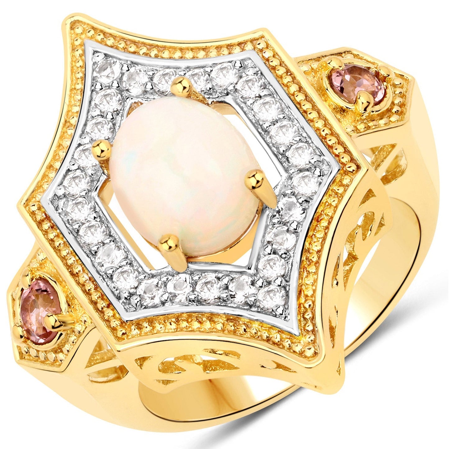 1.81 Carat Genuine Ethiopian Opal, Pink Tourmaline and White Topaz .925 Sterling Silver Ring Bids.com