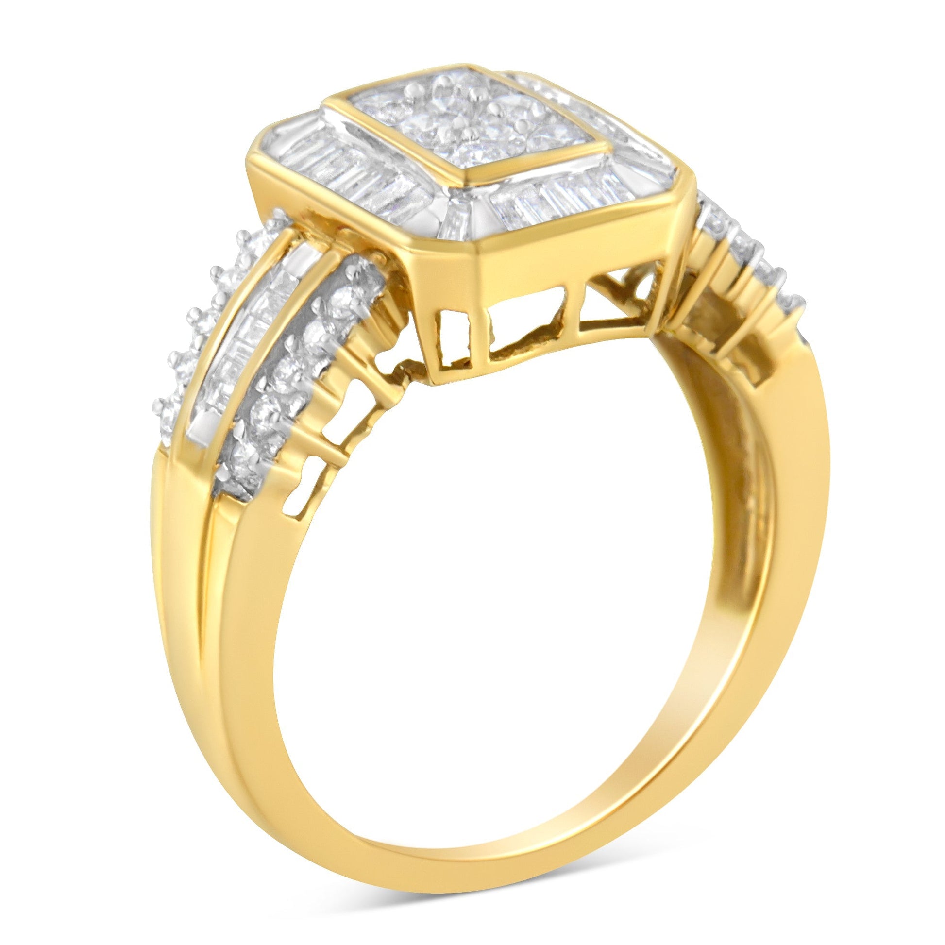 10K Yellow Gold Round and Baguette-Cut Diamond Cocktail Ring (1.0 Cttw, H-I Color, SI2-I1 Clarity) - Size 7 Bids.com
