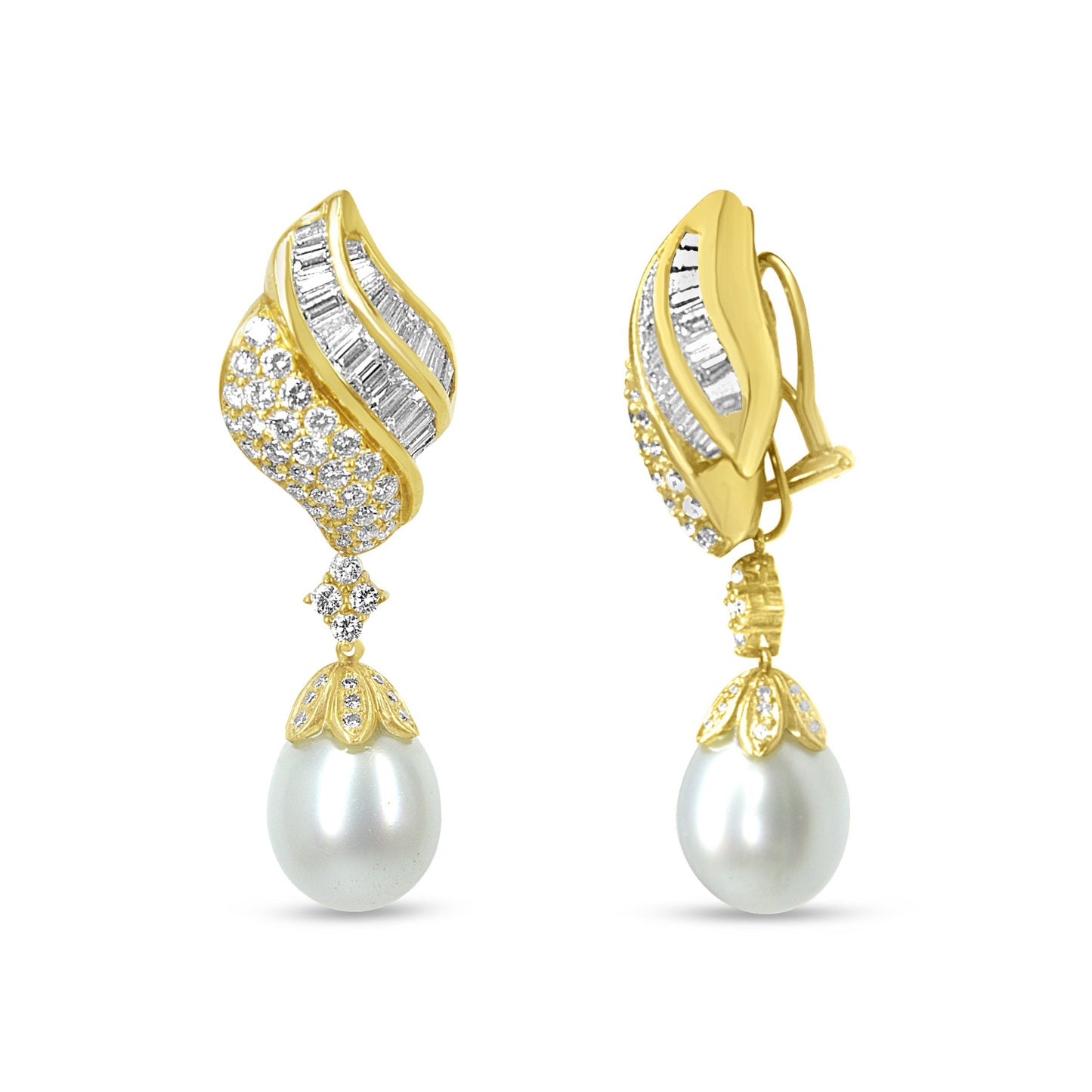 18k Yellow Gold 7.0 Cttw Baguette and Round Diamond South Sea Pearl Drop Dangle Clip-On Earrings (F-G Color, VS1-VS2 Clarity) Bids.com