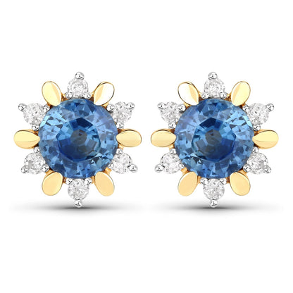 1.87 Carat Genuine Blue Sapphire and White Diamond 14K Yellow Gold Earrings Bids.com
