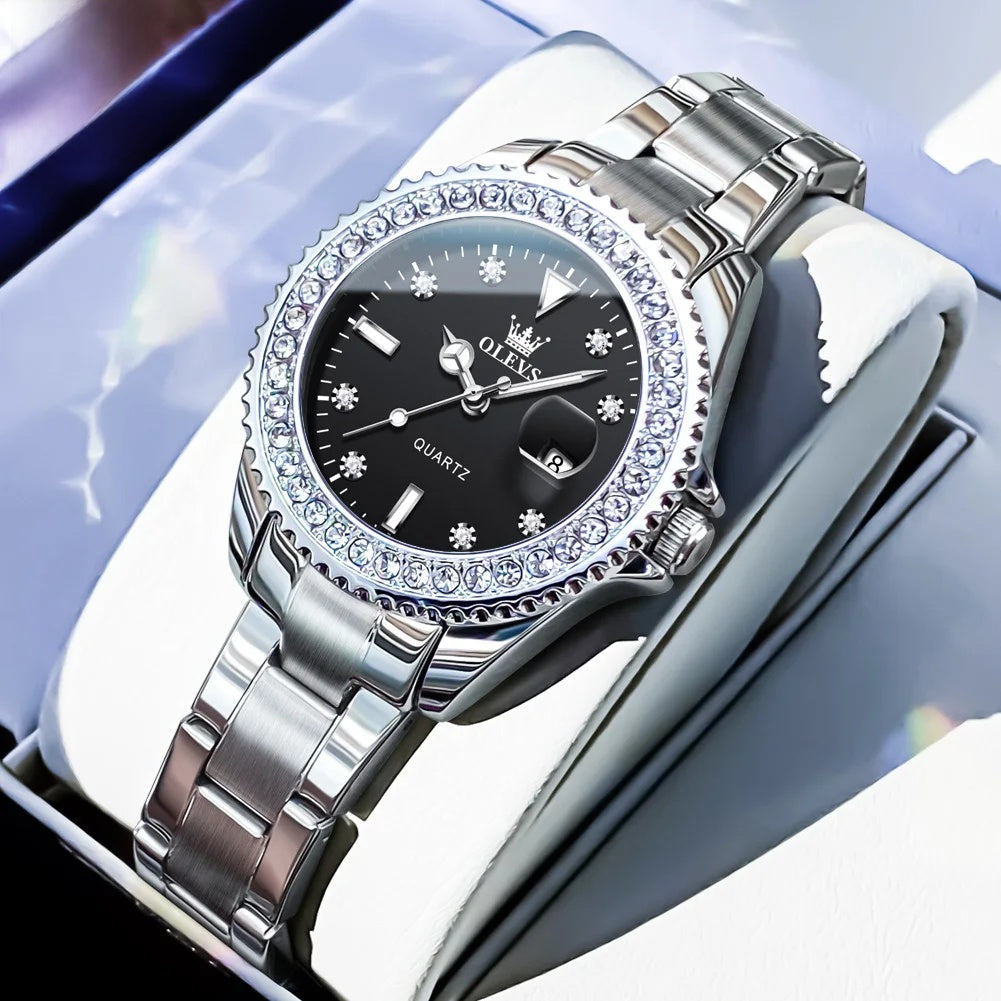 Women's Sunray Dial Zircon Bezel Steel Quartz Watch BandsCo Straps
