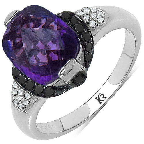 3.71 Carat Genuine Amethyst, Black Diamond & White Diamond .925 Sterling Silver Ring Bids.com