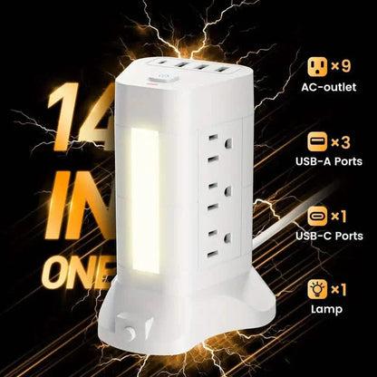 14-in-1 Power Strip Tower with 4 USB Ports & 9 AC Outlets, 10ft Extension Cable, Adjustable 3-Color Night Light DailySale