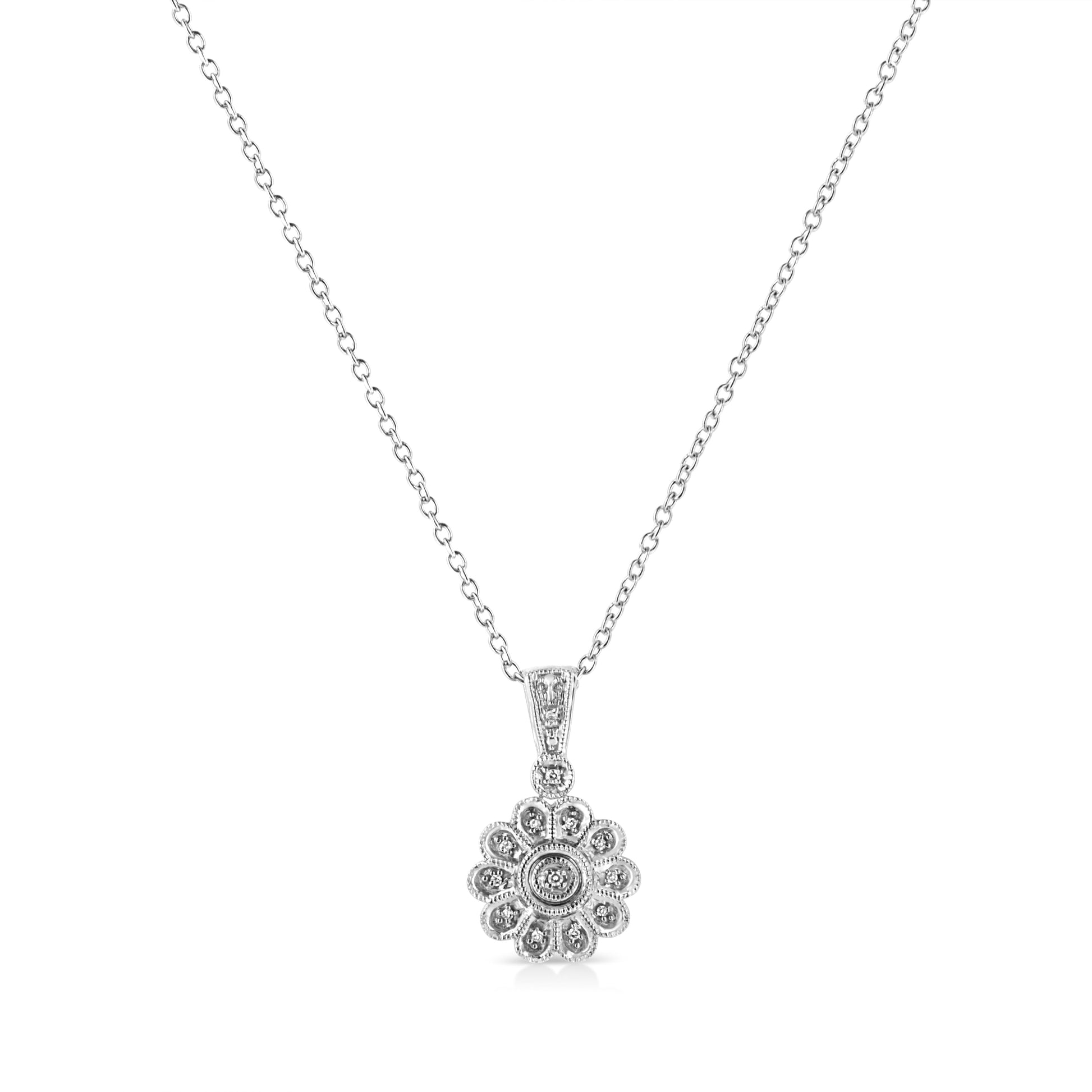 .925 Sterling Silver Diamond Accent Sunburst Milgrain 18" Pendant Necklace (I-J Color, I1-I2 Clarity) Bids.com