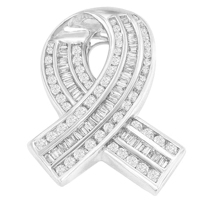 14K White Gold 2 5/8 Cttw Channel Set Round and Baguette Diamond Awareness Ribbon Pendant (H-I Color, I1-I2 Clarity) - Chain Not Included Bids.com