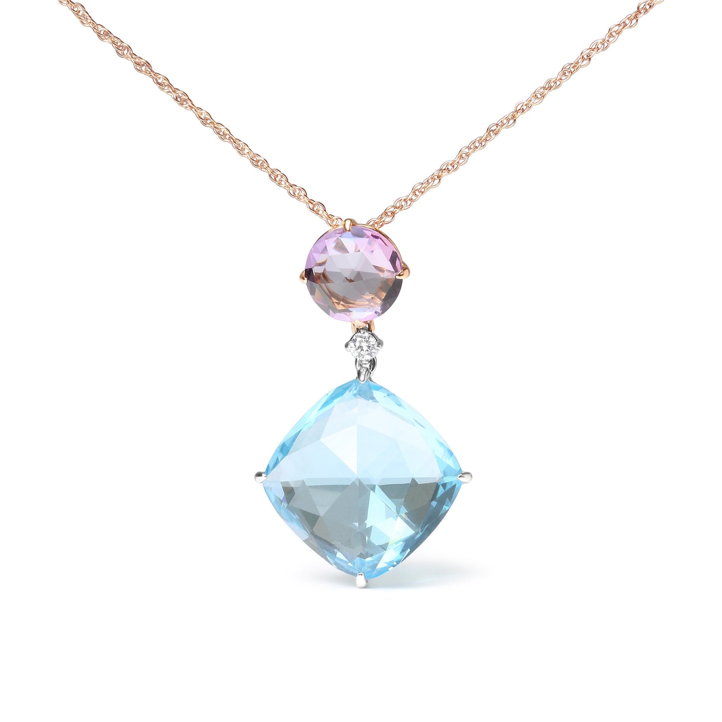 18K White and Rose Gold Round Diamond Accent and Round Rose De France Pink Amethyst and Cushion Cut Sky Blue Topaz Dangle Drop 18" Pendant Necklace (G-H Color, SI1-SI2 Clarity) Bids.com