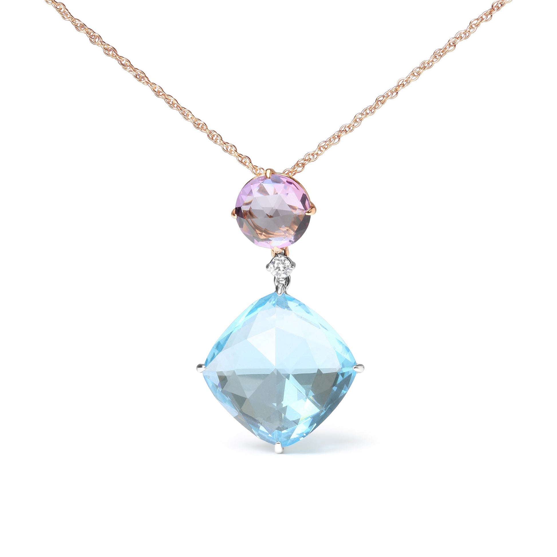 18K White and Rose Gold Round Diamond Accent and Round Rose De France Pink Amethyst and Cushion Cut Sky Blue Topaz Dangle Drop 18" Pendant Necklace (G-H Color, SI1-SI2 Clarity) Bids.com