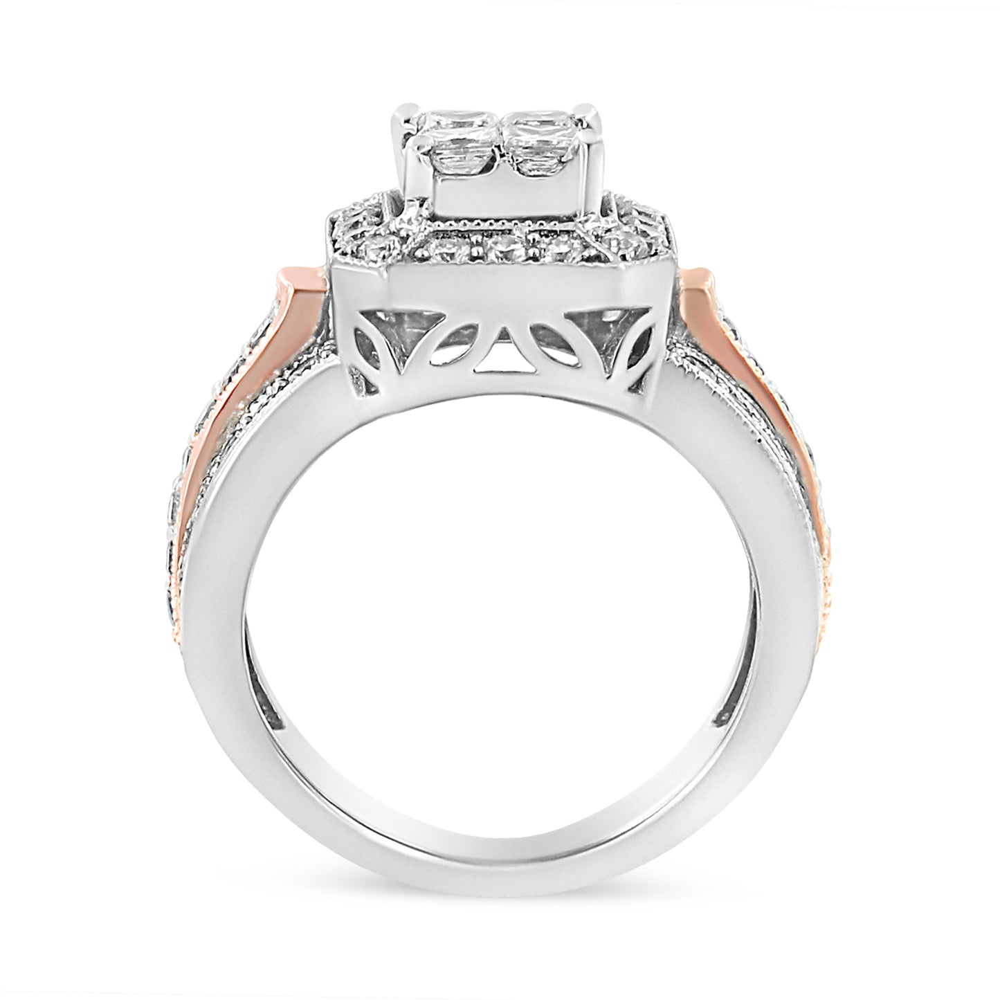 14K White and Rose Gold 1 1/8 Cttw Princess and Round-Cut Diamond Art Deco Style Triple Shank Halo Cocktail Ring (I-J Color, SI2-I1 Clarity) - Size 7 Bids.com
