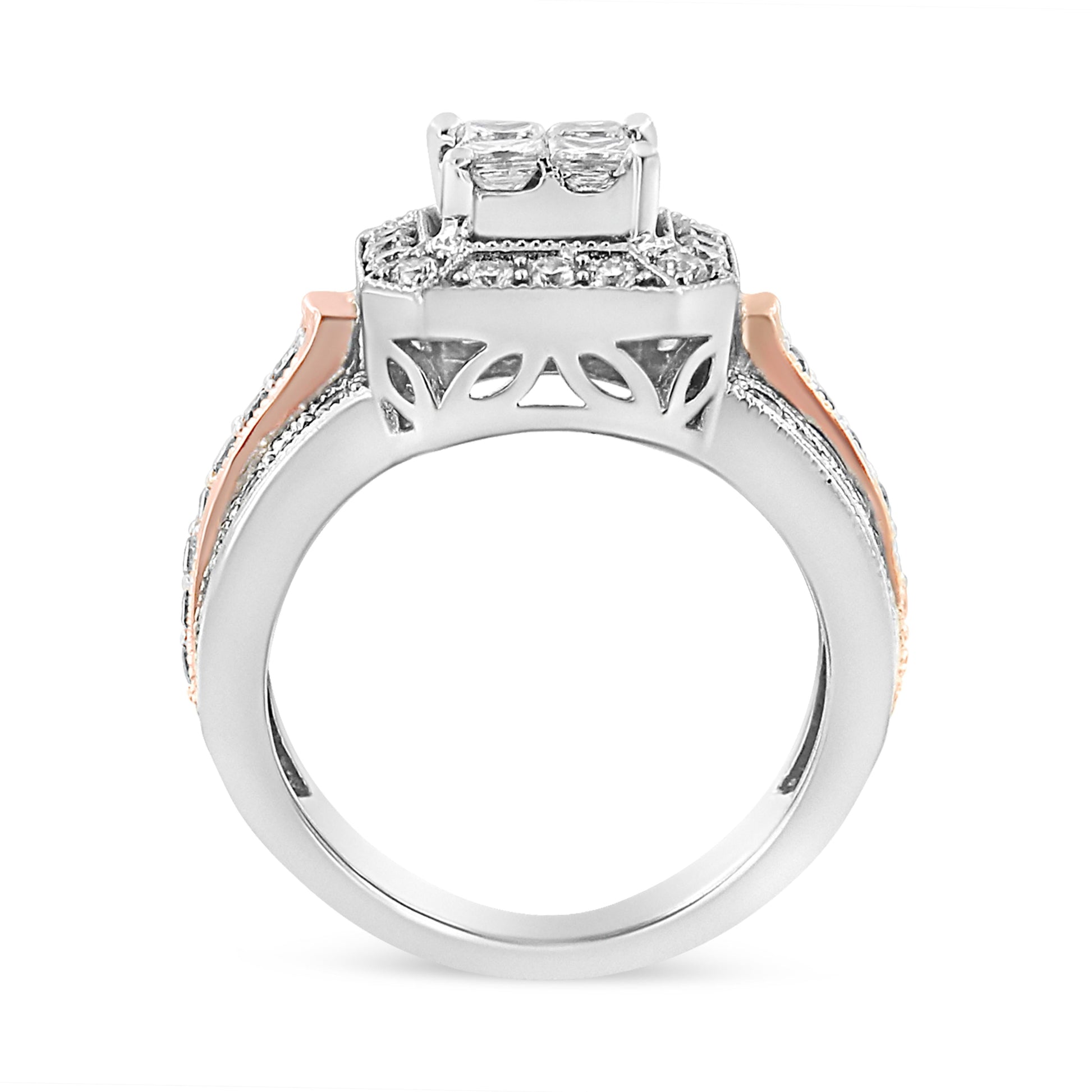 14K White and Rose Gold 1 1/8 Cttw Princess and Round-Cut Diamond Art Deco Style Triple Shank Halo Cocktail Ring (I-J Color, SI2-I1 Clarity) - Size 7 Bids.com