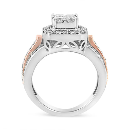 14K White and Rose Gold 1 1/8 Cttw Princess and Round-Cut Diamond Art Deco Style Triple Shank Halo Cocktail Ring (I-J Color, SI2-I1 Clarity) - Size 7 Bids.com