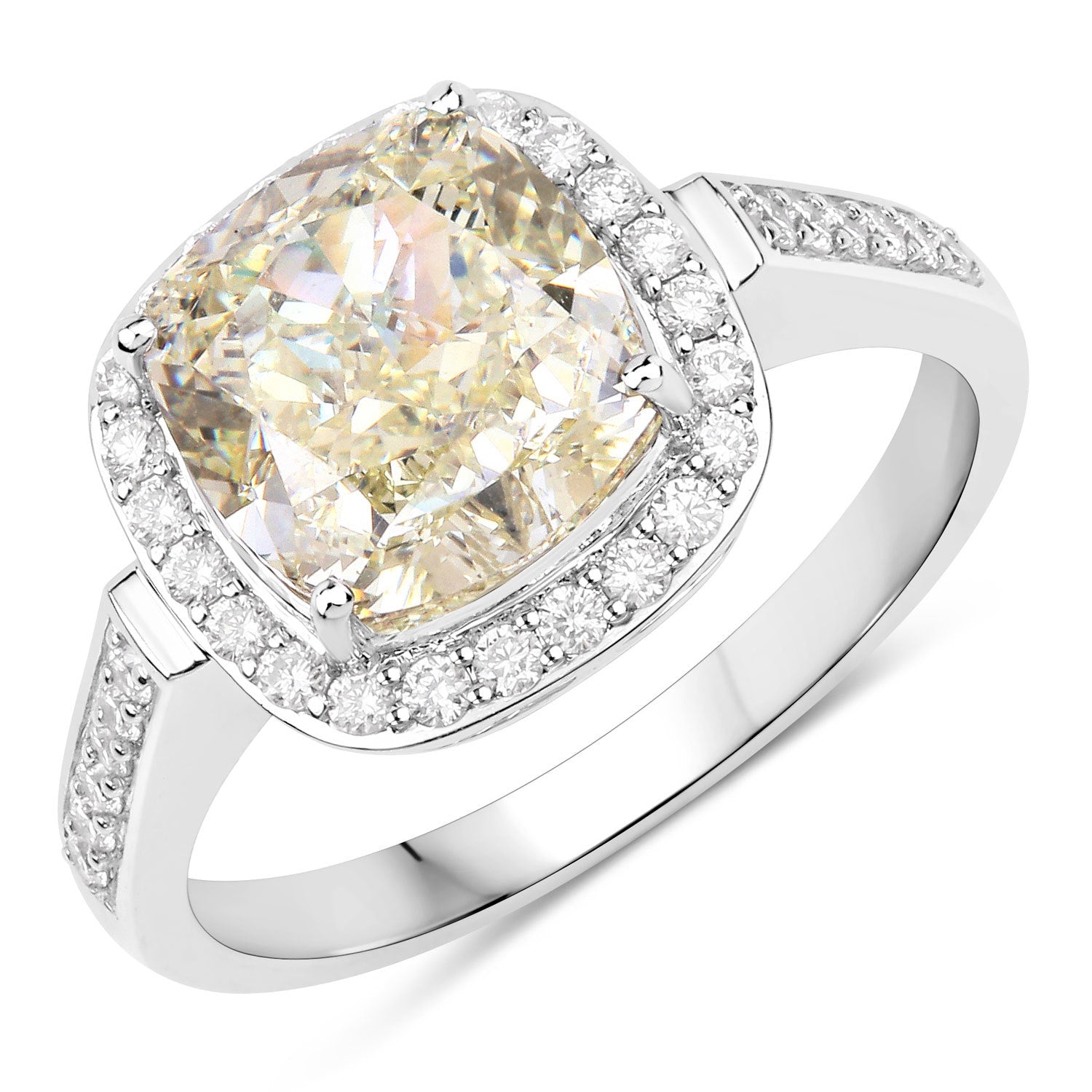 IGI Certified 4.02 Carat Genuine Light Yellow Diamond Center and 0.36cttw White Diamond 18K White Gold Ring (4.38cttw) Bids.com
