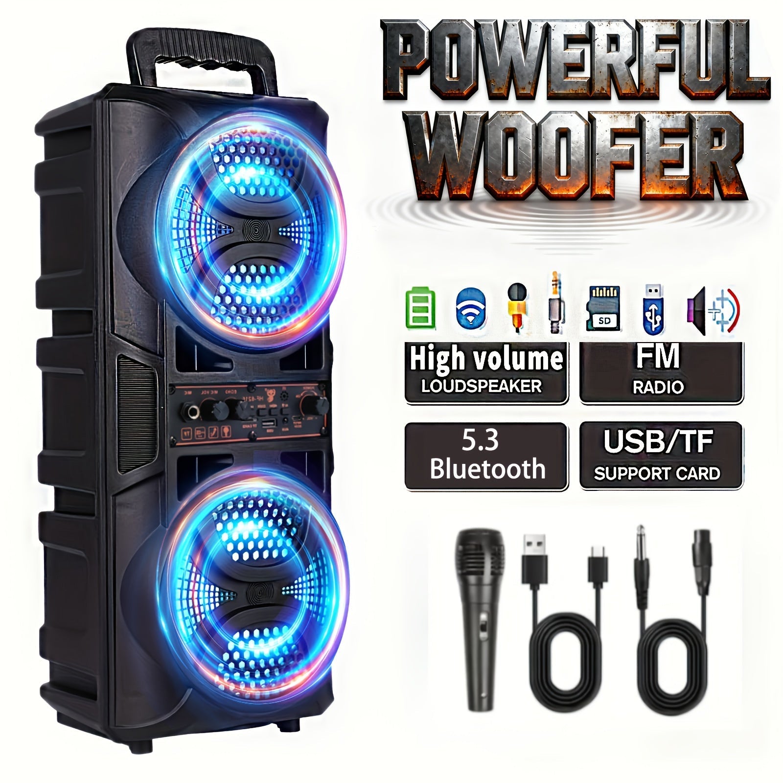 Portable Bluetooth Speaker with Subwoofer Bass, Dual 6.5" LED Woofers and Microphone DailySale