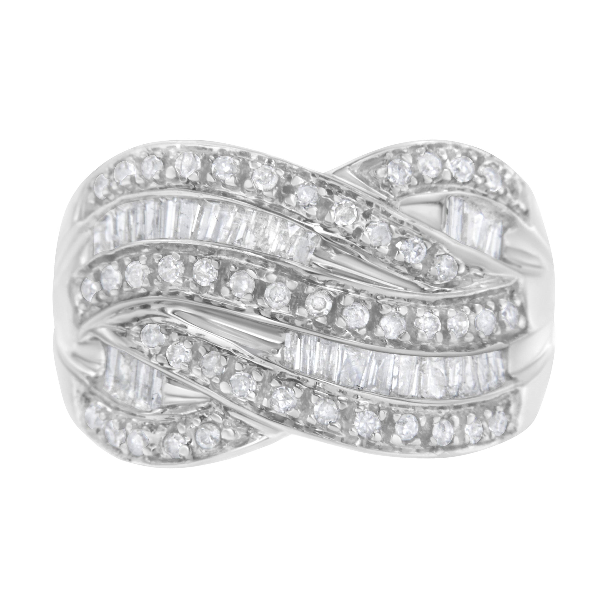 .925 Sterling Silver 1.0 Cttw Channel Set Alternating Round and Baguette Diamond Cross-over Bypass Ring Band (I-J Color, I2-I3 Clarity) - Size 7 Bids.com