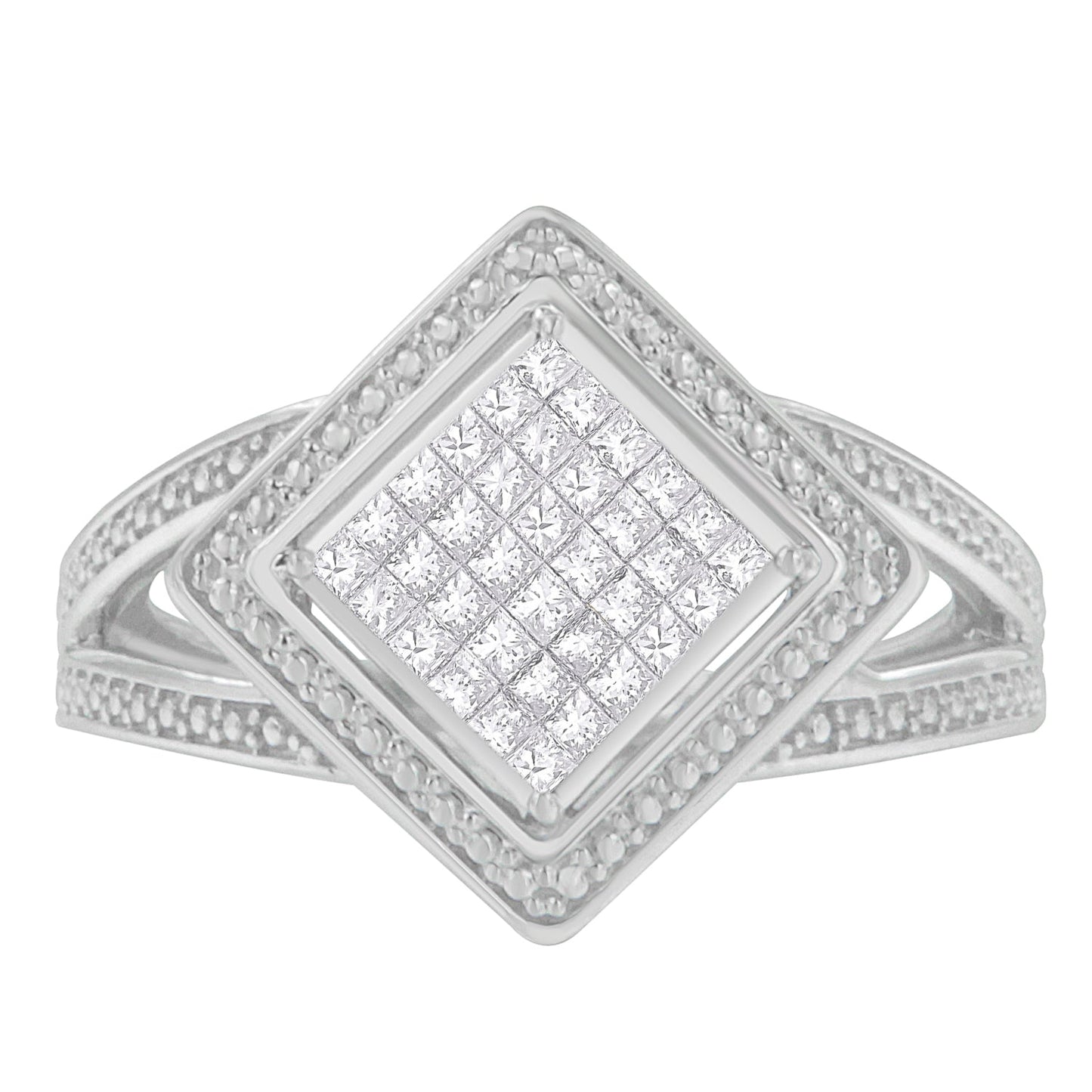 .925 Sterling Silver 1/3 Cttw Invisible Set Princess-Cut Diamond Rhombus and Beaded Halo Ring (H-I Color, SI1-SI2 Clarity) - Ring Size 7 Bids.com
