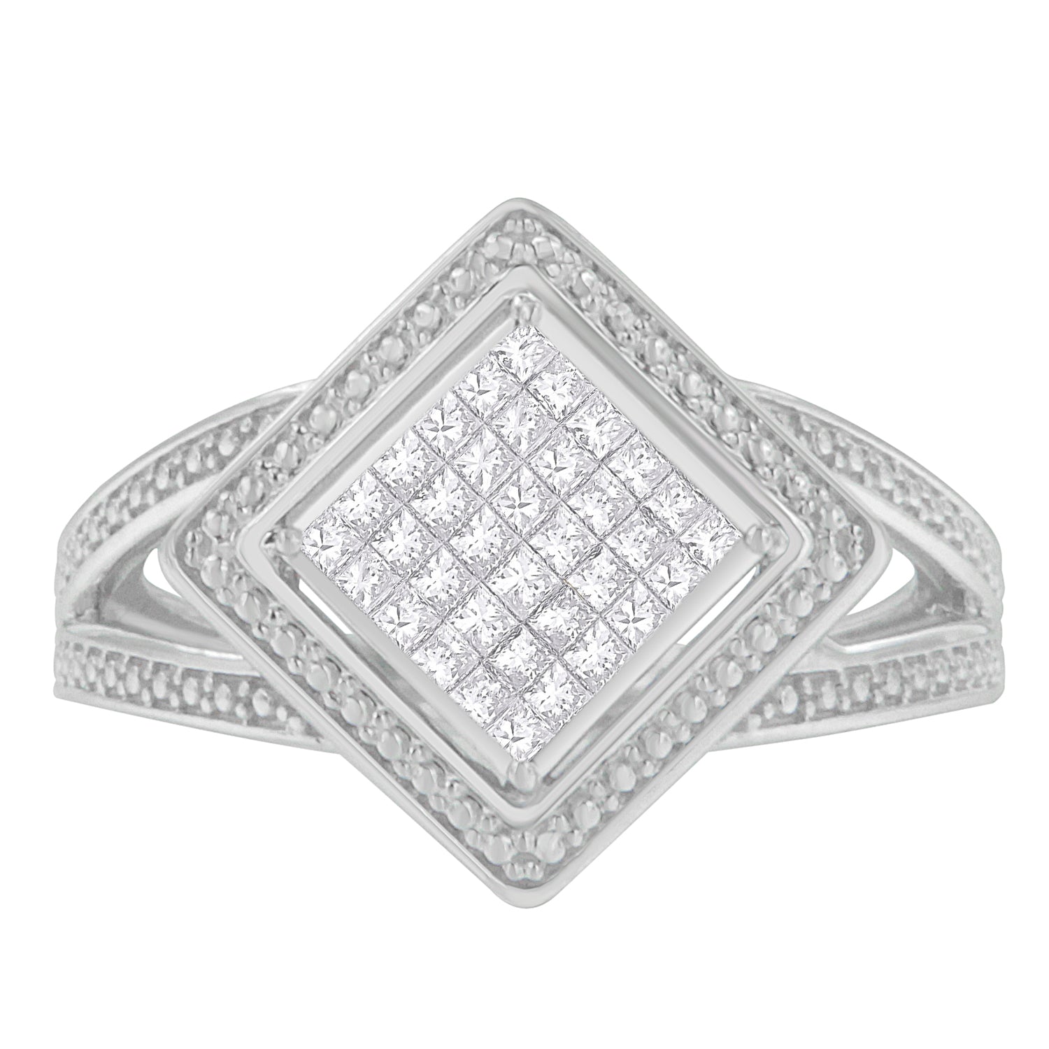 .925 Sterling Silver 1/3 Cttw Invisible Set Princess-Cut Diamond Rhombus and Beaded Halo Ring (H-I Color, SI1-SI2 Clarity) - Ring Size 7 Bids.com