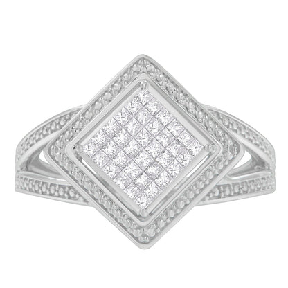 .925 Sterling Silver 1/3 Cttw Invisible Set Princess-Cut Diamond Rhombus and Beaded Halo Ring (H-I Color, SI1-SI2 Clarity) - Ring Size 7 Bids.com