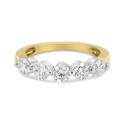 14K White and Yellow Gold 1 1/2 Cttw 2 Prong Cup Set Round-Cut Diamond 5 Stone Ring Band (H-I Color, SI2-I1 Clarity) - Ring Size 7 Bids.com