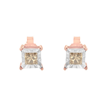 14K Rose Gold Plated Two-Tone .925 Sterling Silver 1/2 Cttw Princess-Cut Square Diamond Solitaire Miracle-Plate Stud Earrings (K-L Color, I2-I3 Clarity) Bids.com