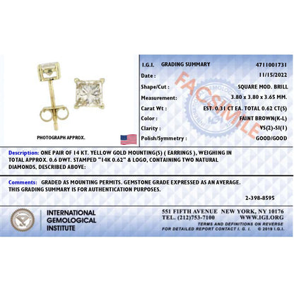 14K Yellow Gold 5/8 Cttw Princess Natural Brown Color Diamond 4-Prong Stud Earrings (Brown Color, VS2-SI1 Clarity) Bids.com