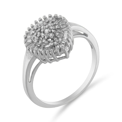 10K White Gold 1/2 Cttw Round & Baguette Cut Diamond Pear Shaped Domed PavÃ© Cluster with Halo Cocktail Ring (H-I Color, SI1-SI2 Clarity) - Size 5 Bids.com