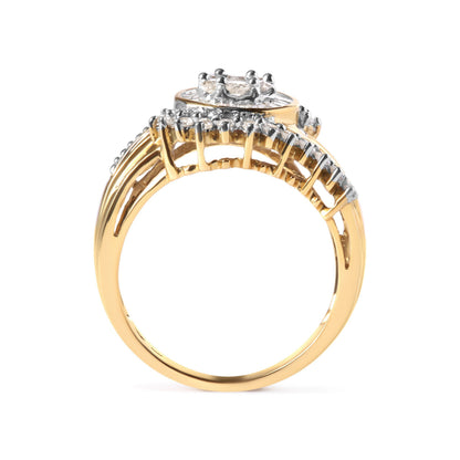 10K Yellow Gold 1 Cttw Round and Baguette cut Diamond Cluster Swirl Band Ring (H-I Color, I1-I2 Clarity) - Ring Size 7 Bids.com