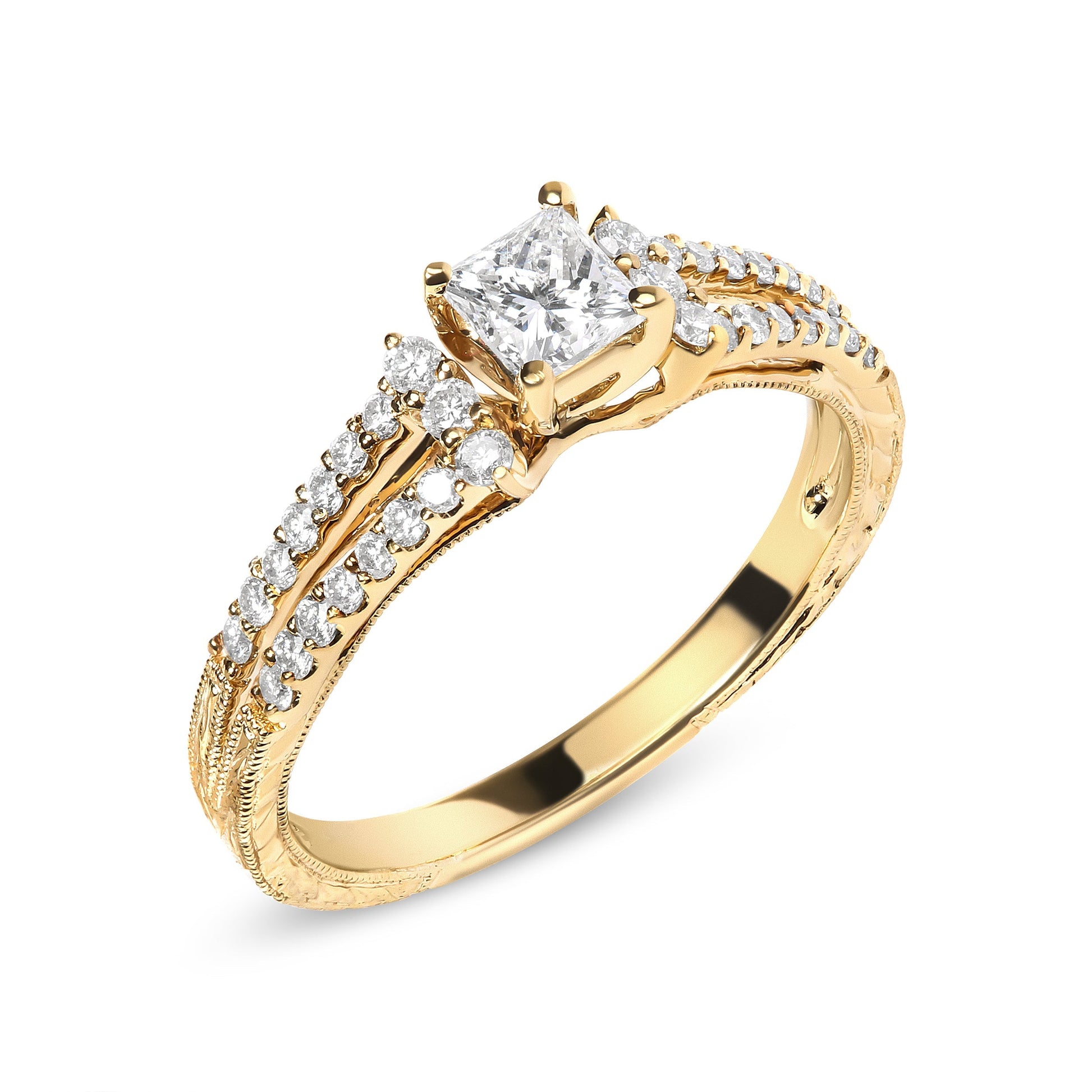 14K Yellow Gold Diamond 5/8 Cttw Princess Diamond Split Shank and Milgrain Engagement Ring (G-H Color, VS2-SI1 Clarity) - Size 7 Bids.com