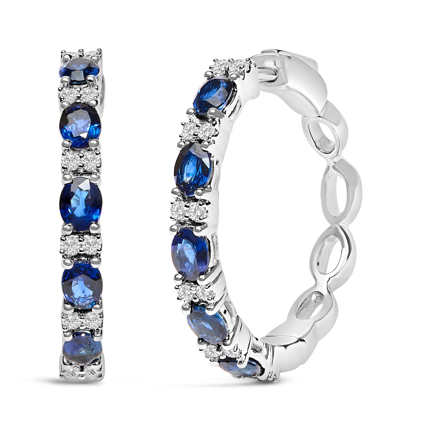 14K White Gold 4x3mm Oval Blue Sapphire and 1/4 Cttw Diamond Alternating Hoop Earring (I-J Color, SI2-I1 Clarity) Bids.com
