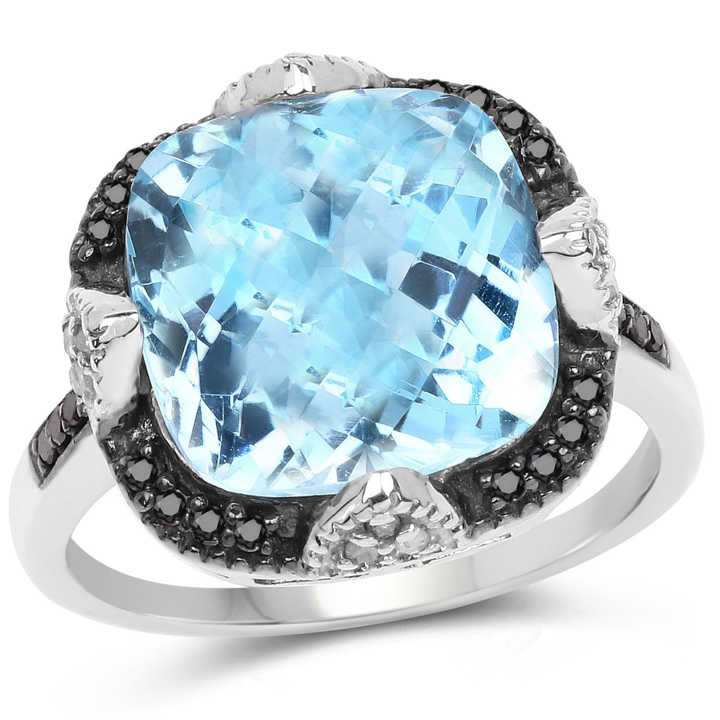 8.29 Carat Genuine Swiss Blue Topaz, Black Diamond & White Diamond .925 Sterling Silver Ring Bids.com