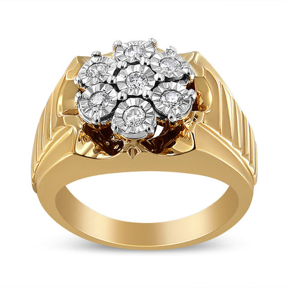 Men's 14K Yellow Gold Plated .925 Sterling Silver 1/3 Cttw Miracle-Set Floral Diamond Cluster Ring (I-J Color, I1-I2 Clarity) - Size 10 Bids.com