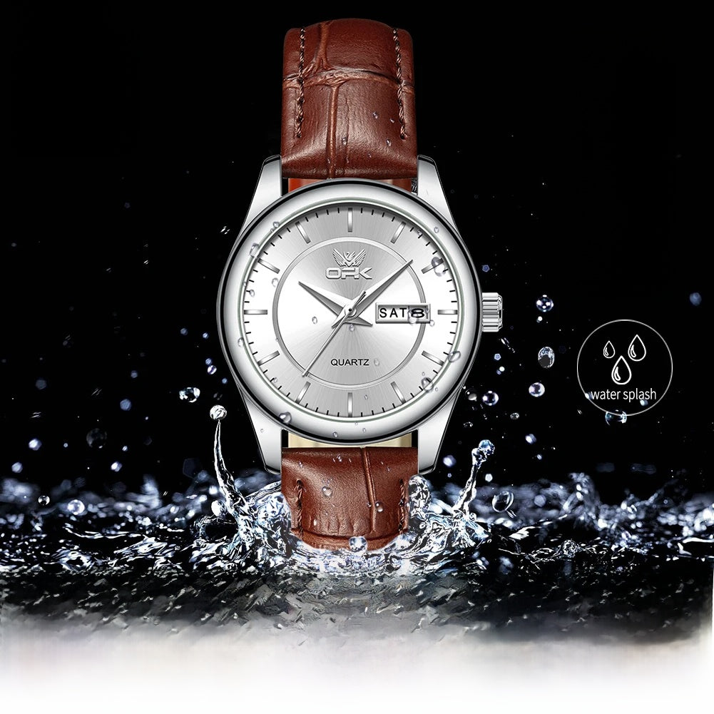 Women's Leather Strap Quartz Watch Silver Case Dual Day BandsCo Straps