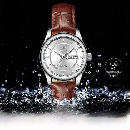 Women's Leather Strap Quartz Watch Silver Case Dual Day BandsCo Straps