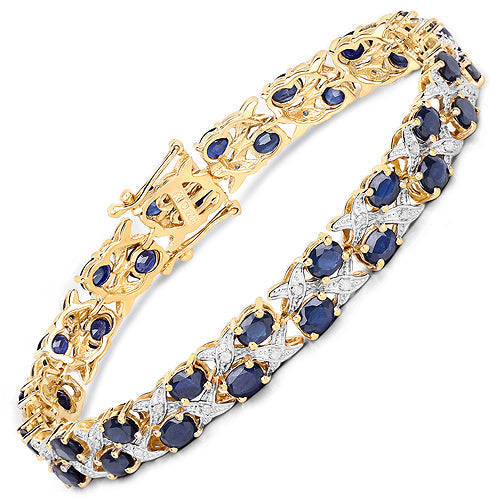 14K Yellow Gold Plated 12.53 Carat Genuine Blue Sapphire and White Diamond .925 Sterling Silver Bracelet Bids.com