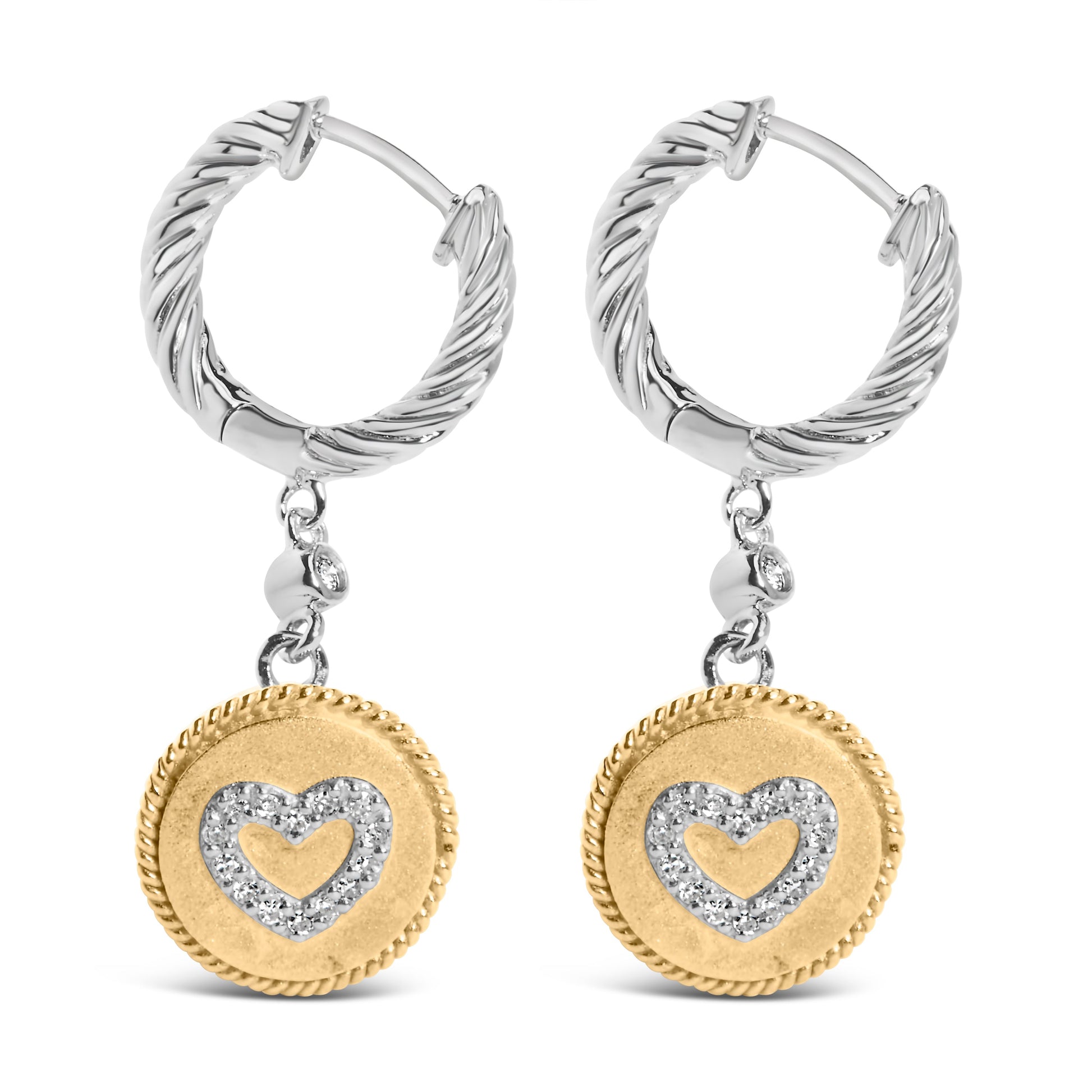 18K Yellow Gold Plated .925 Sterling Silver 1/8 Cttw Diamond Heart Medallion Drop and Dangle Earring (I-J Color, SI1-SI2 Clarity) Bids.com