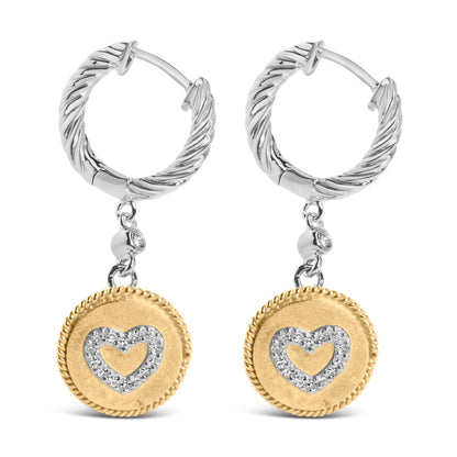 18K Yellow Gold Plated .925 Sterling Silver 1/8 Cttw Diamond Heart Medallion Drop and Dangle Earring (I-J Color, SI1-SI2 Clarity) Bids.com