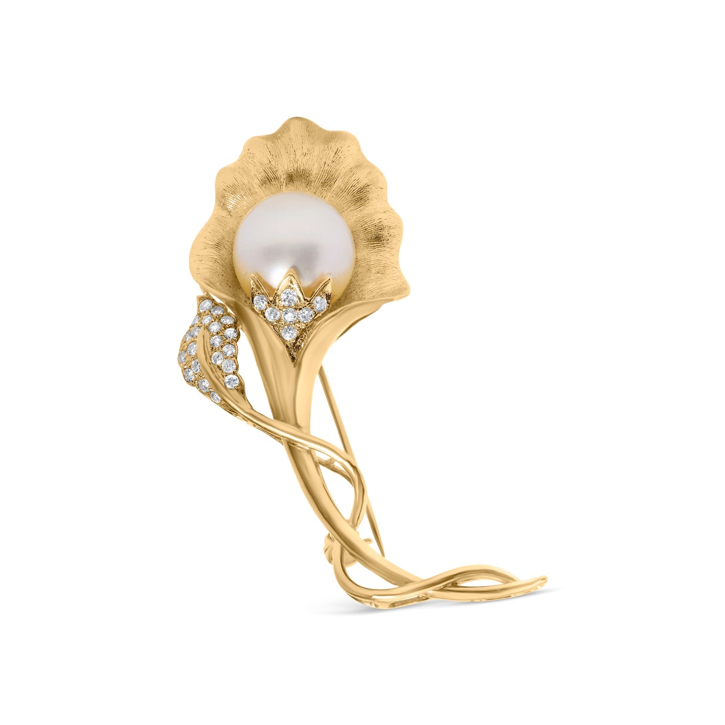 18K Yellow Gold 2/5 Cttw Diamond and 12MM Cultured South Sea Pearl Flower Pin Brooch (G-H Color, VS1-VS2 Clarity) Bids.com