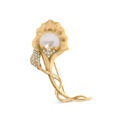 18K Yellow Gold 2/5 Cttw Diamond and 12MM Cultured South Sea Pearl Flower Pin Brooch (G-H Color, VS1-VS2 Clarity) Bids.com