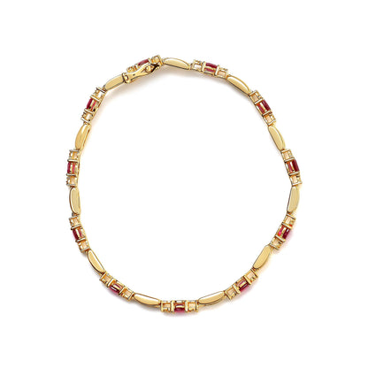 10K Yellow Gold Oval Ruby and 1/10 Cttw Diamond Bar Prong Set Bracelet (H-I Color, SI1-SI2 Clarity)  - Size 7" Bids.com